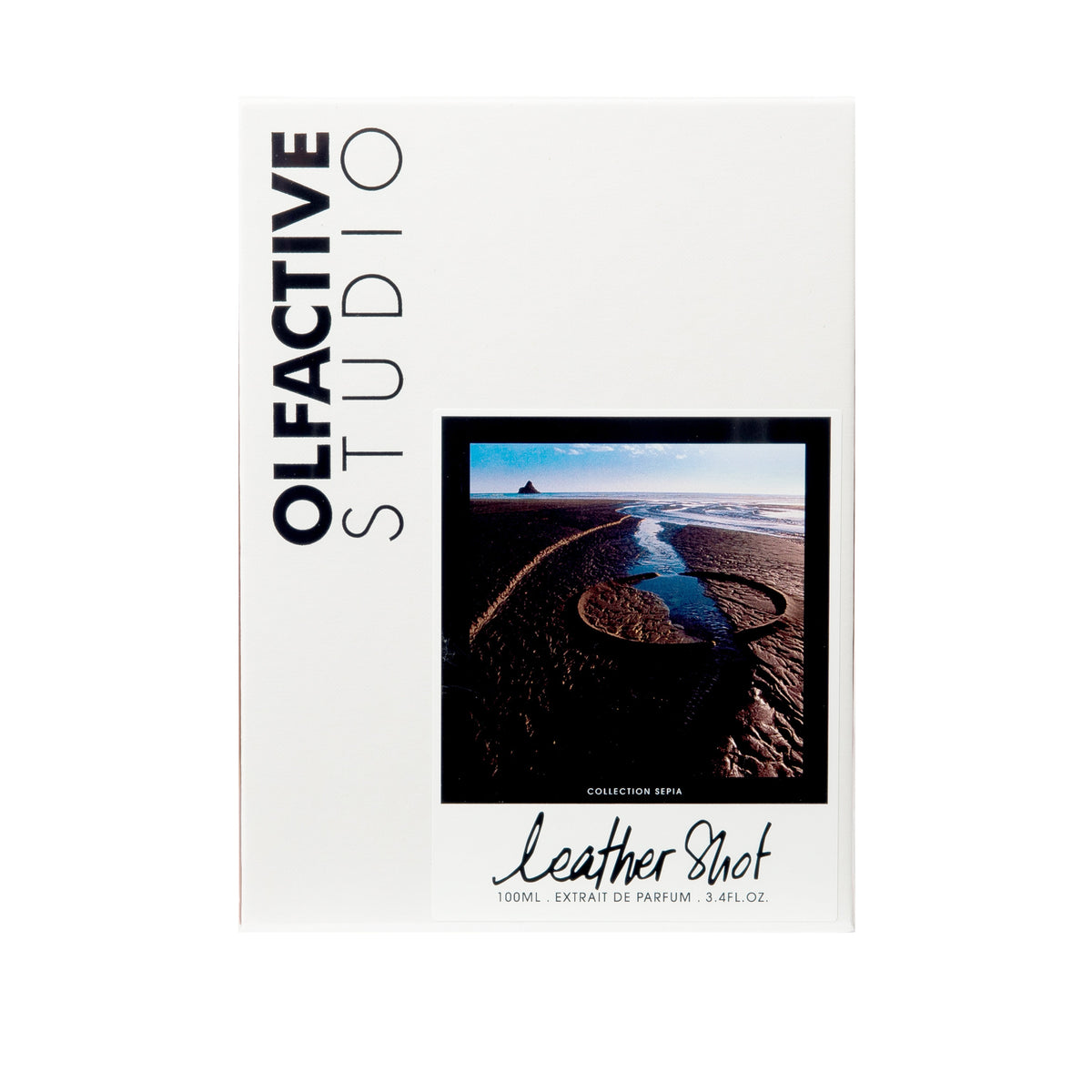 Olfactive Studio Leather Shot parfymextrakt flaska och förpackning
