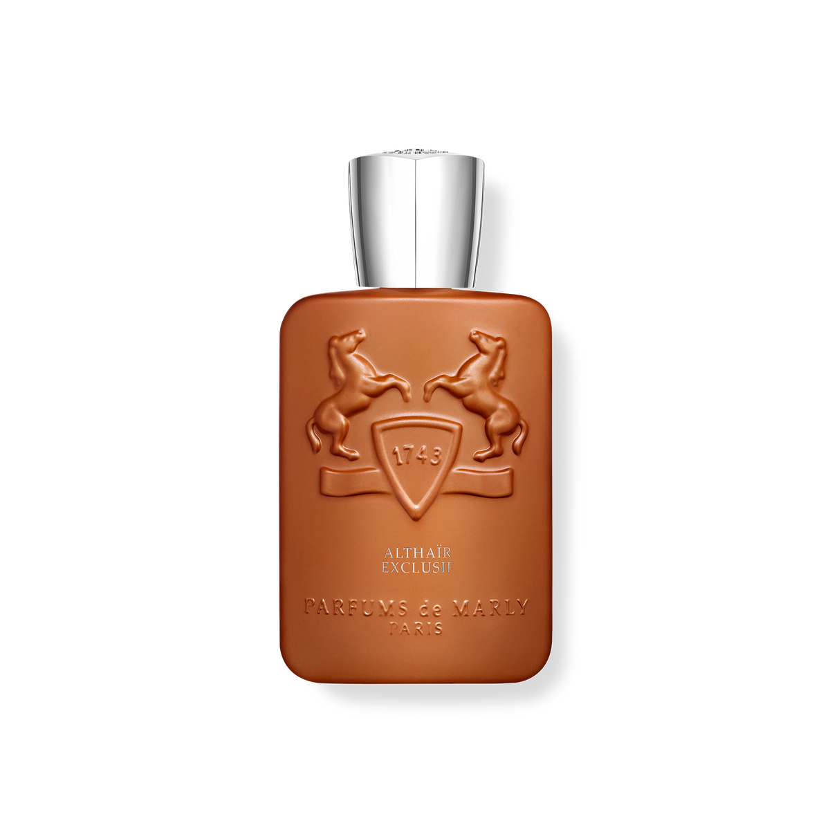 Parfums de Marly Althaïr Exclusif 125 ml, terrakottabrun flaska med silverfärgad kork och hästemblem
