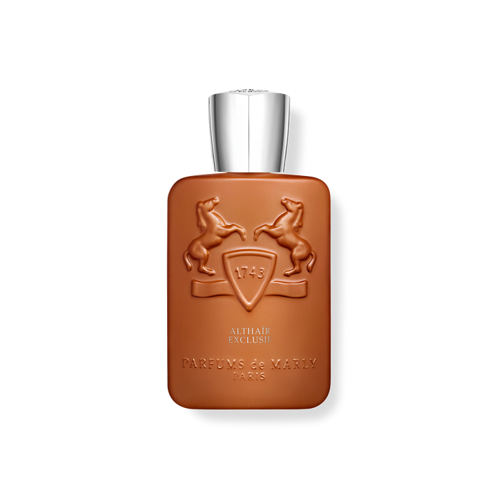 Parfums de Marly Althaïr Exclusif 125 ml, terrakottabrun flaska med silverfärgad kork och hästemblem