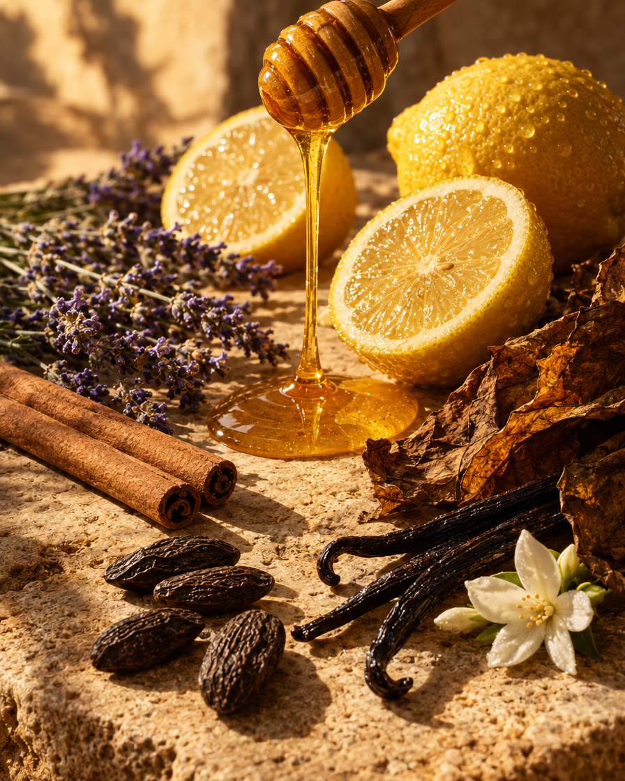 Honung, citron, lavendel, kanel, tobaksblad, vanilj och tonkaböna på sicilianskt kalkstensslätt i varmt ljus